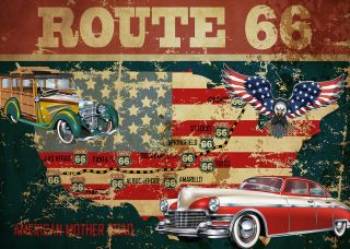 7x5ft Route 66 American Flag Old Map Vintage Car Vinyl Backdrop Photo Background