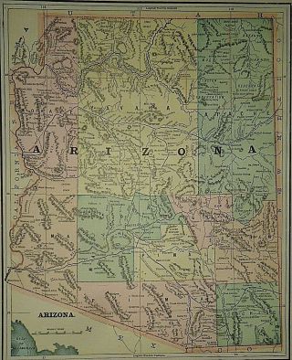 Vintage Circa 1892 Arizona Territory Map Old Antique Atlas Map