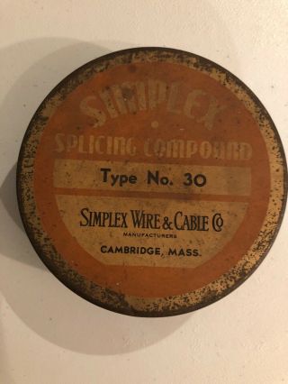 Rare Vintage Antique Simplex Wire And Cable Co Tin Cambridge,  Mass.