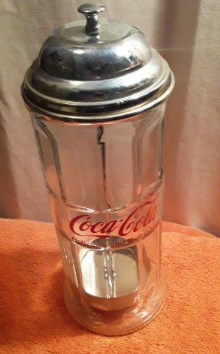 Tablecraft Coca - Cola Heavy Glass Straw Holder Dispenser Canister Chrome Lid