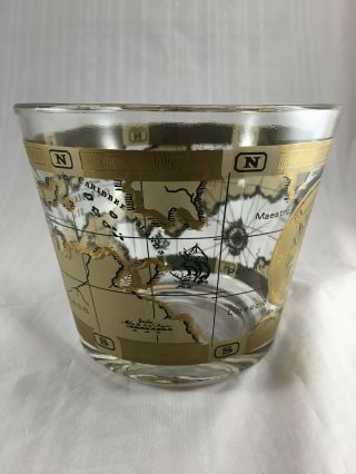 Vintage Mid Century Glass Ice Bucket Nautical Old Map Caribbean Cera? Gold