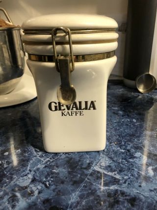 Gevalia Kaffe Ceramic Coffee Canister Jar White & Gold Cond.