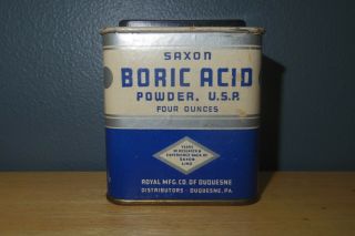 Vintage Saxon Boric Acid Powder 4 Oz.  Royal Mfg.  Of Duquesne Pa - Partially Full