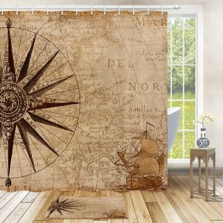 Retro Compass Old Shabby Nautical Map Bath Mat Fabric Shower Curtain Multi Size