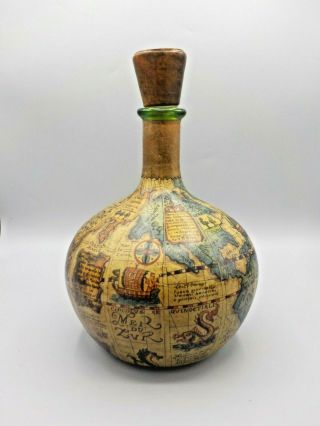 Handsome Vtg Old World Map Leather Wrapped Decanter Glass Bottle & Stopper Italy