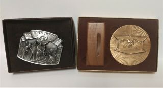 John Deere 1837 1987 (150) Belt Buckle & 1985 John Deere Calendar Medallion Nib