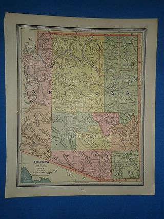 Vintage 1893 Arizona Territory Map Old Antique Atlas Map D