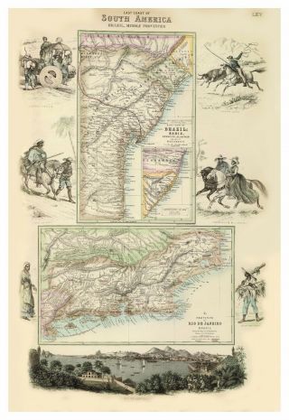 Old Vintage Decorative Map Of Brazil Rio De Janeiro Fullarton 1872