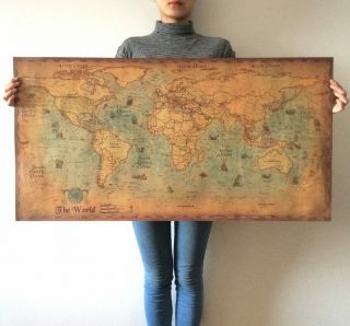 Nautical Ocean Sea World Map Retro Old Paper Painting Home Decoration Sticker