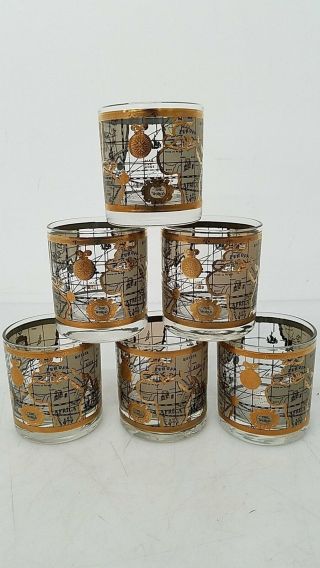 Set Of 6 Mid - Century Cera Old World Map Rocks/lowball Cocktail Glasses