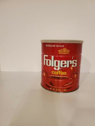 Vintage Folger’s Mountain Grown Regular Grind Coffee Tin Can 3 Lbs 48 Oz.  Vg