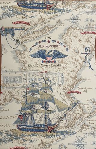 1960s Vintage Wallpaper Old Ironsides U.  S.  Constitution Map Nautical Patriotic