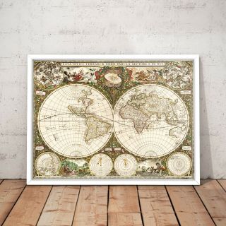 1660 Vintage World Map Old Exploration Rare Art Poster Print - A4 To A0 Framed