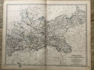 1869 Prussia Germany Antique Hand Coloured Map By A.  K.  Johnston 150 Years Old