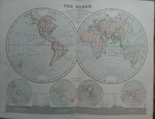Old Antique Map Of The World - 19th Century Victorian Print - Book Plate