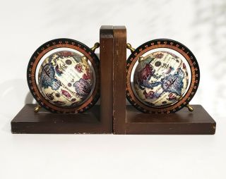 Vintage Wooden Globe Bookends Set Old World Map Rotating Italy