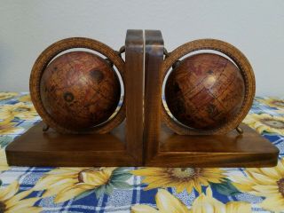 Vintage Wooden Globe Bookends Set Olde World Map Rotating Italy