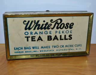 Vintage White Rose Orange Pekoe Tea Balls Tin Advertising Metal Container