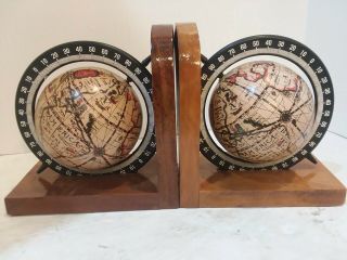 Old World Small Mini Map Spinning Globe Vintage Bookends Wooden Base Set Pair