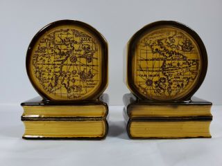 Pair Old World Map Ceramic Book Ends Made In Japan Yellow Vintage