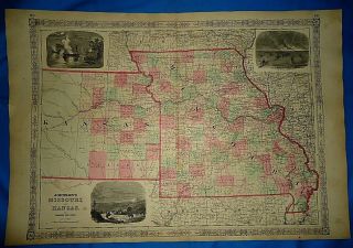 Vintage Civil War Period 1864 Map Missouri - Kansas Old Antique & Authentic