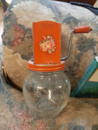 Vtg Kitchen Nut Grinder Chopper Anchor Hocking Glass Jar W Floral Decal (ms1)