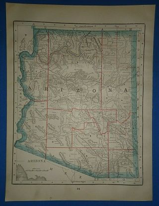 Vintage 1895 Arizona Territory Map Old Antique Atlas Map 41519