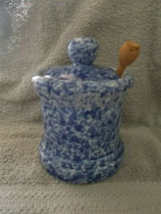 Vintage Pottery Honey Pot Jelly Jar Canister 5 1/2 " Blue Spatter Wood Dipper