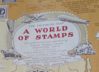 Antique Vintage 1947 World Of Stamps Map By Ernest Dudley Chase.  Philately