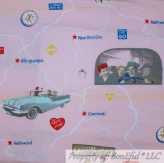 Boneful Fabric Cotton Flannel Bty I Love Lucy Route 66 Map Vtg Car B&w Tv Usa Nr