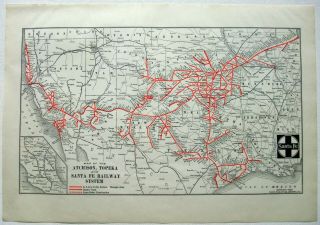 Atichison Topeka & Santa Fe Railway - 1926 Route Map.  Vintage