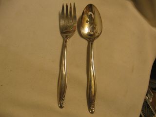 Vintage Wm Rogers Oneida Ltd Salad Fork & Slotted Spoon Silverplate Flower Time