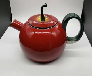 Vintage Copco Red Apple Whistling Enamel Metal Tea Pot Kettle - Missing Stopper