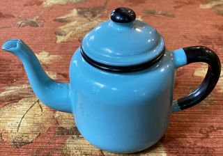 Vintage 1930s Blue Small Enamel Teapot Tea Pot