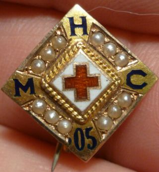 10k Gold 1905 " Metropolitan Hospital " Service / Badge Seed Pearls & Enameling