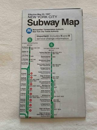 Vintage May 1987 Nyc York City Subway Map Pocket Mta Guide