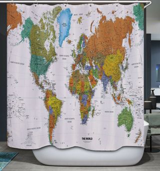 World Map Color Fabric Shower Curtain 70x70 Vintage Look Style Countries Globe