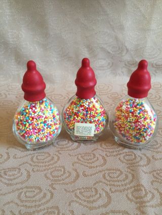 3 Vintage Miniature Doll Baby Bottles With Rubber Nipples Full Candy Containers