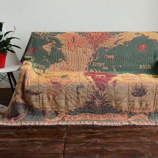 Reversible Vintage World Map Cotton Chenille Blanket Rug Throw Tapestry M - Large