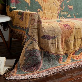Reversible Vintage World Map Cotton Chenille Blanket Rug Throw Tapestry M - Large 2