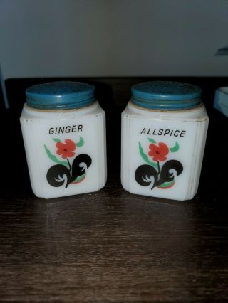 Vintage Tipp Mckee Spice Jars Pair Milkglass Floral Ginger Allspice