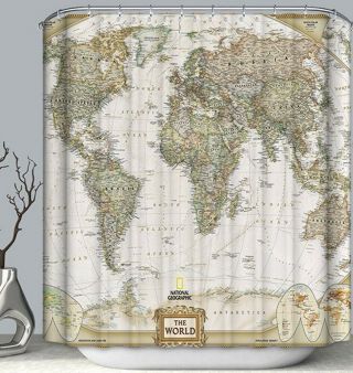 World Map Fabric Shower Curtain 70x70 Vintage Look Style Countries Globe