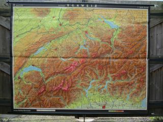 Fantastic Vintage Pull Roll Down Geographical School Map Of Switzerland Alps