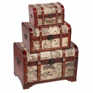 Juvale Wooden Chest Trunk,  3 - Piece Storage Trunk And Chests - Map Pattern