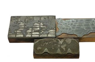 3 Vintage Ink Stamp Wood & Metal Block Maps