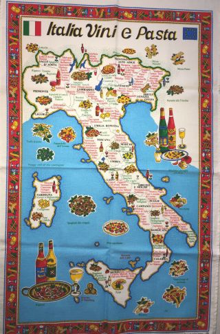 Vintage Tea Towel Map Of Italian Cities With Wines And Pastas 100 Cotton