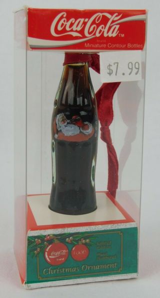 1996 Coca - Cola Ornament Miniature 3 " Glass Contour Bottle Santa Claus