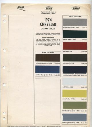 1974 Chrysler Dulon Duco Dulux Colour Color Page Valiant Lancer La Lb