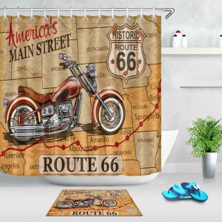Fabric Shower Curtain Set Vintage Route 66 Motorcycle American Main Street Map