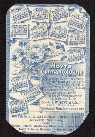 1892 JERSEY CITY NJ GAYNOR HOYT ' S GERMAN COLOGNE CALENDAR VICTORIAN TRADE CARD 2